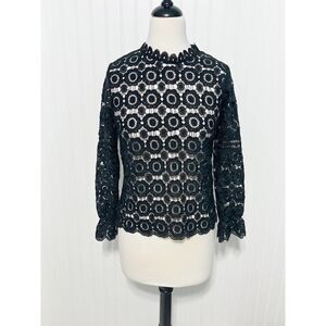 Boho Open Knit Crochet Floral Lace Top Long Sleeves High‎ Neck Black Size Large